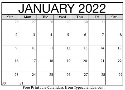 January Calendar 2022 Printable